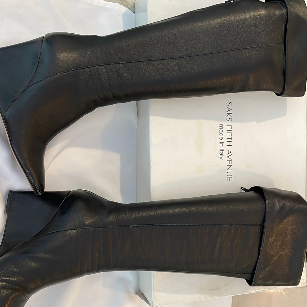 Saks Fifth Avenue leather, black, knee high wedge boot. Like new condition!